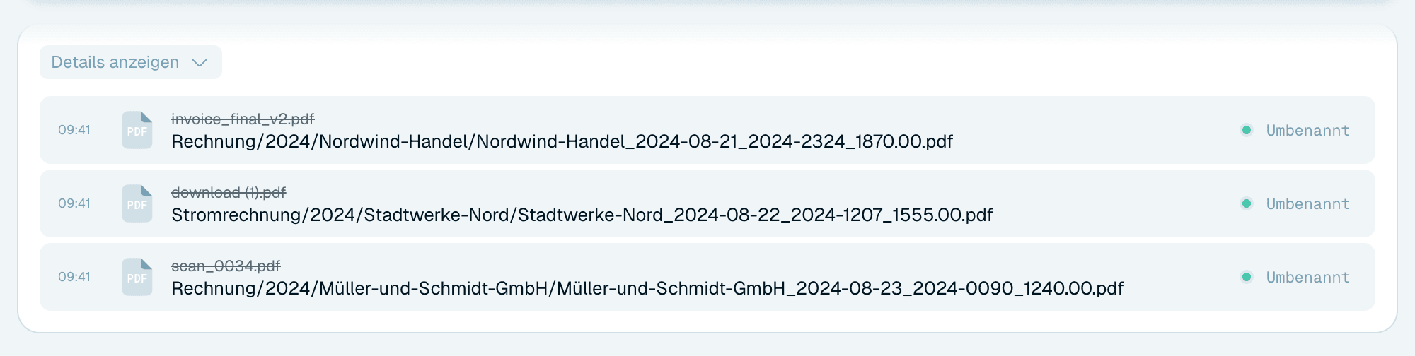 Eine Organisation in der Schnellumbenennung verwenden