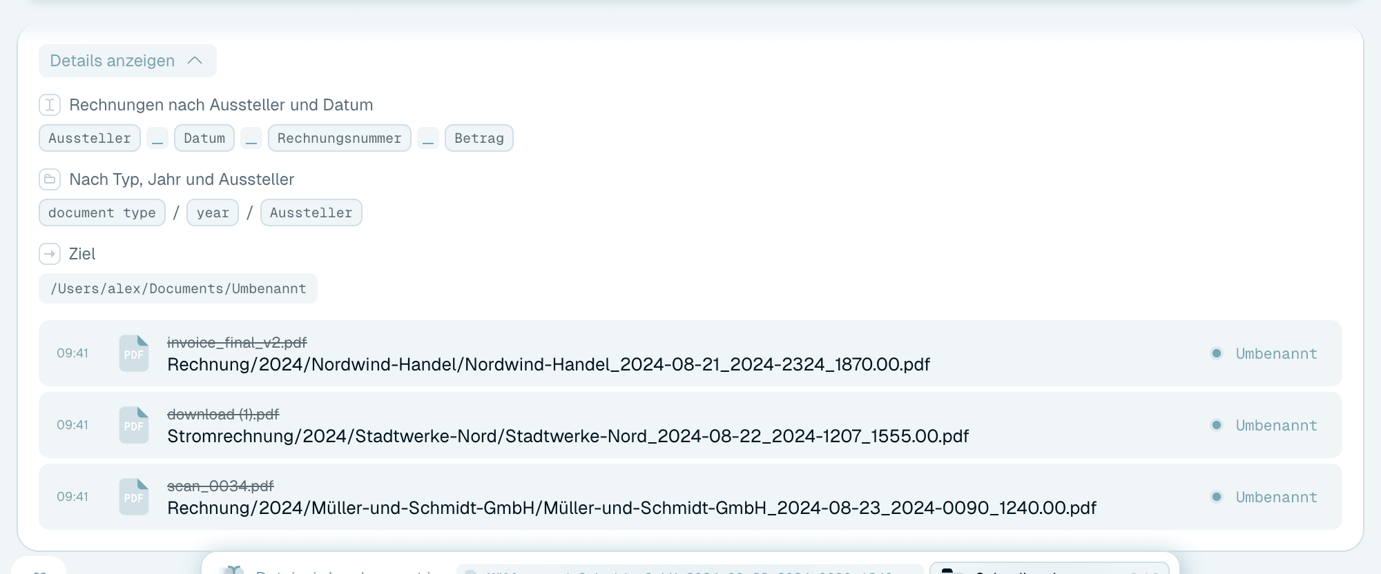 Eine Organisation in der Schnellumbenennung verwenden