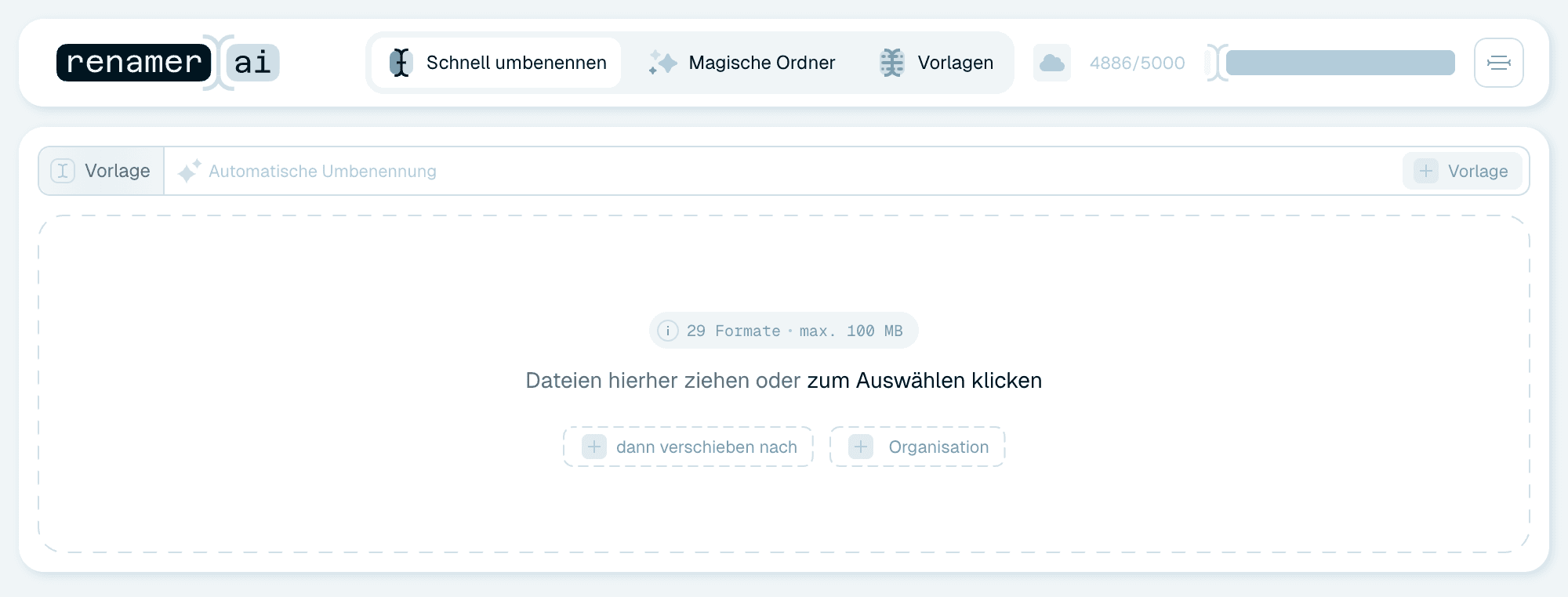 Schnell umbenennen - der Startbildschirm
