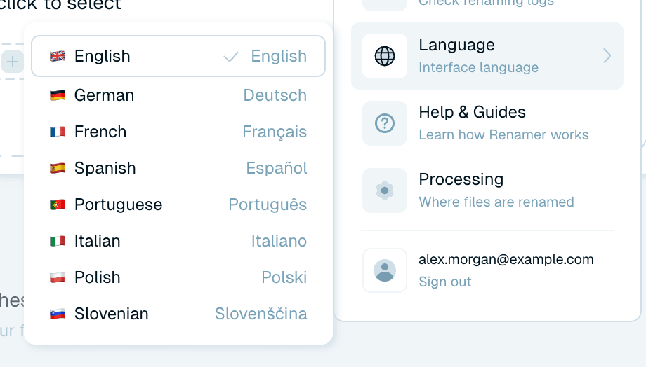 The user menu