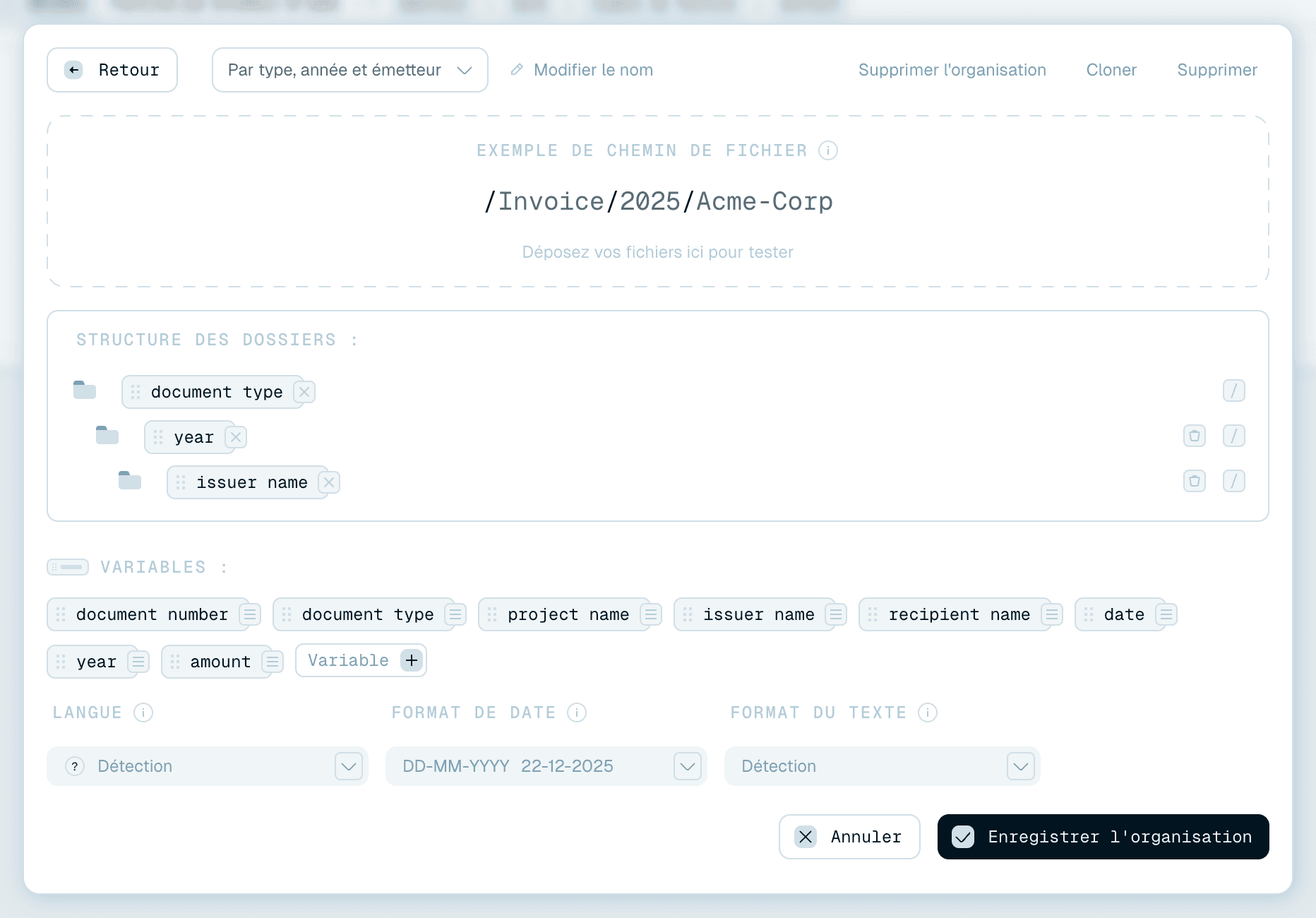 Utiliser une organisation dans le Renommage rapide