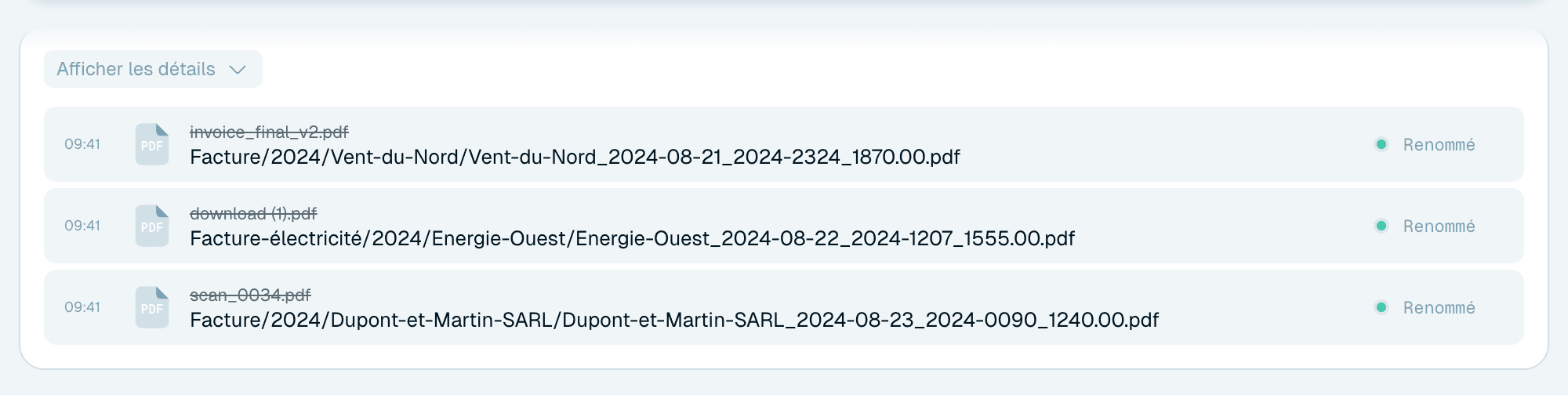 Utiliser une organisation dans le Renommage rapide