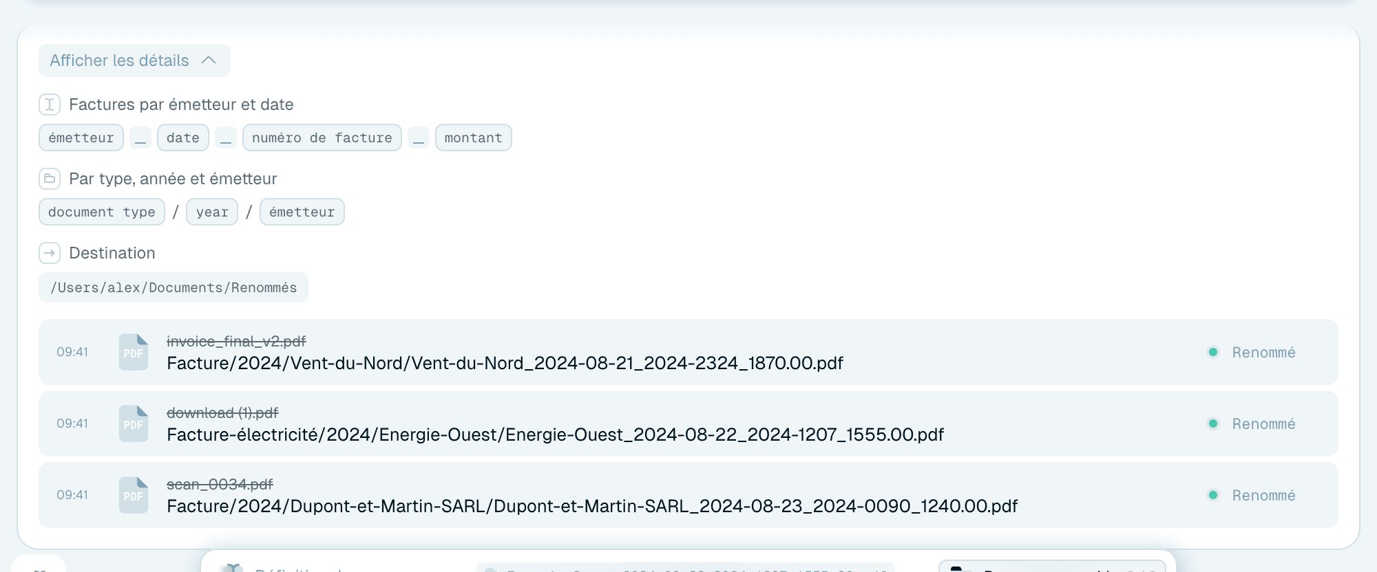 Utiliser une organisation dans le Renommage rapide