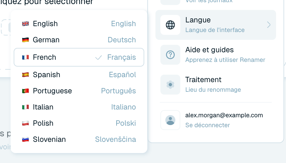 Le menu utilisateur