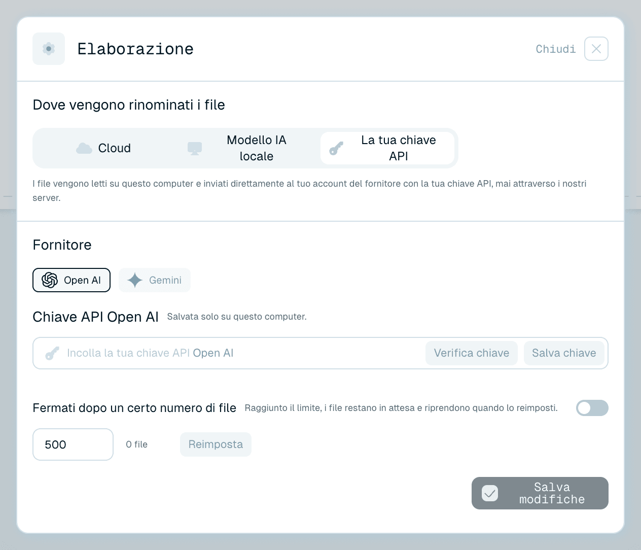 La tua chiave API - l'account del tuo fornitore