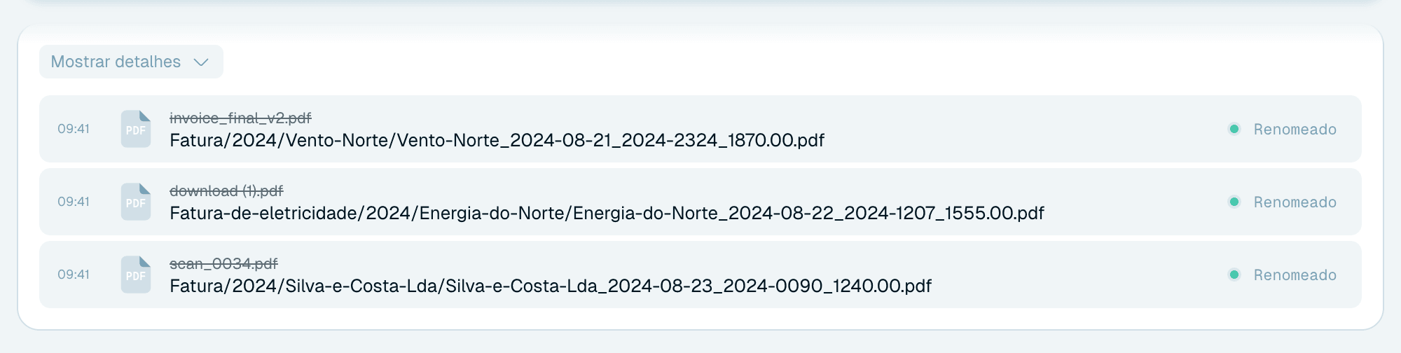 Usar uma organização na Renomeação rápida