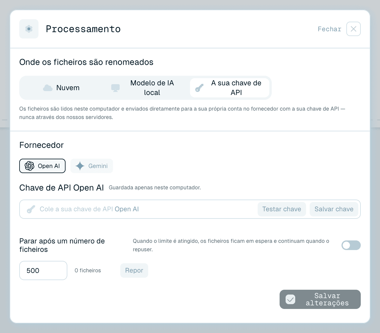 A sua própria chave de API - a conta do seu fornecedor