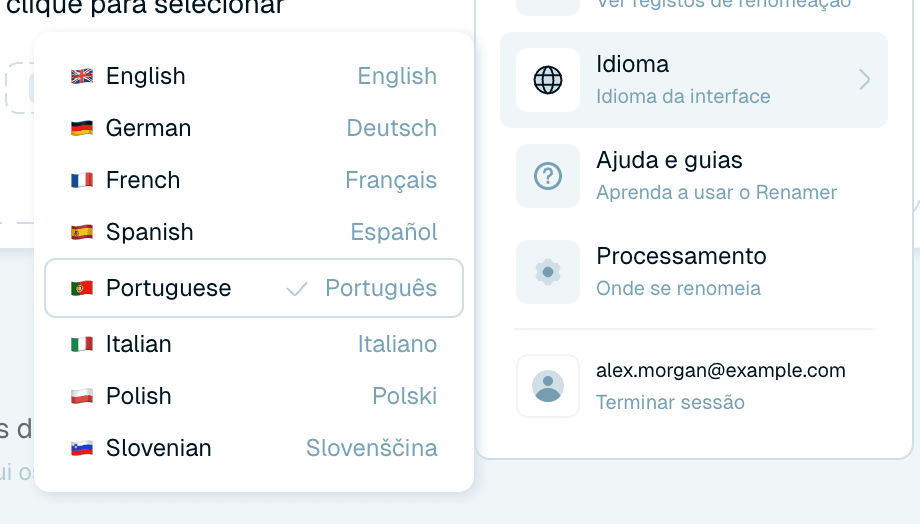 O menu de utilizador